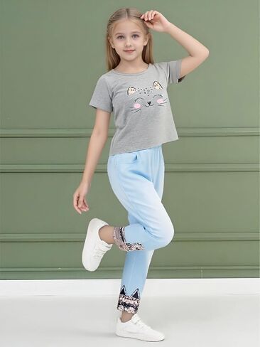 4-8T طفل فتاة الملابس فتاة القطة الوجه طباعة الأكمام قصيرة أعلى+السراويل ملابس الفتاة الربيع والصيف 2 قطعة مجموعة in Kuwait