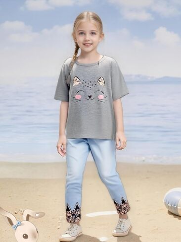 4-8T طفل فتاة الملابس فتاة القطة الوجه طباعة الأكمام قصيرة أعلى+السراويل ملابس الفتاة الربيع والصيف 2 قطعة مجموعة in Kuwait