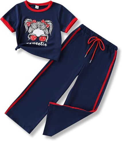 Size 6-12 Years Girls Clothing Sets Short Sleeve Tops & Sweatpants Lounge Set Sweatsuits With Pocket in Kuwait