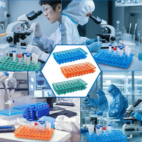 Test Tube Rack, Plastic Test Tube Holder with Silicone Pad, 50 Holes Centrifuge Vials Racks for 5ml/10ml/15ml Tubes, Hole Diameter 15 mm, Detachable, Orange, Pack of 1 in Kuwait