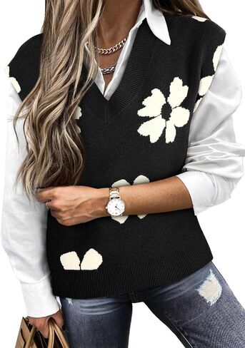 EVALESS Sweater Vest Women V Neck Cap Sleeve Knit Sweaters Cute Summer Fall Floral Print Sweater Tank Tops Pullover Sweaters in Saudi Arabia