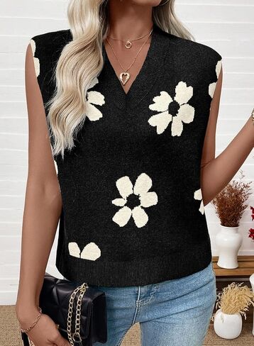 EVALESS Sweater Vest Women V Neck Cap Sleeve Knit Sweaters Cute Summer Fall Floral Print Sweater Tank Tops Pullover Sweaters in Saudi Arabia