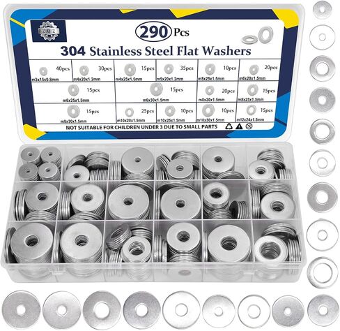 ZQZ 290Pcs Flat Washers, 304 Stainless Steel Fender Washers Assortment, 15 Different Sizes Wide Washer M3 M4 M5 M6 M8 M10 M12 Assorted Flatwashers Kit in Kuwait