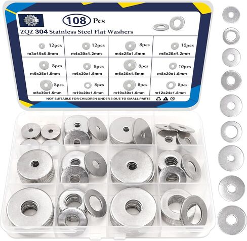 ZQZ 290pcs غسالات مسطحة ، 304 مجموعة غسالات الحاجز من الفولاذ المقاوم للصدأ ، 15 أحجام مختلفة واسعة غسالة M3 M4 M5 M6 M1 in Saudi Arabia