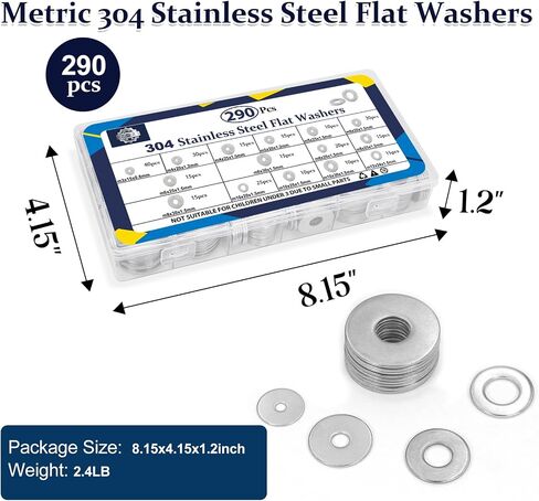 ZQZ 290Pcs Flat Washers, 304 Stainless Steel Fender Washers Assortment, 15 Different Sizes Wide Washer M3 M4 M5 M6 M8 M10 M12 Assorted Flatwashers Kit in Kuwait