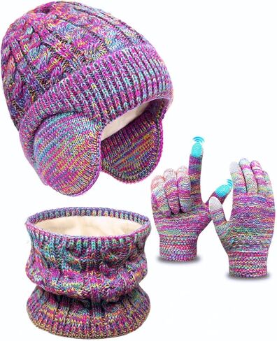 Kids Winter Hat Gloves Scarf Set,Toddler Girls Boys Beanie Hat with Earflaps,Knit Mittens & Neck Gaiter Warmer for Kids 4-12 in Saudi Arabia