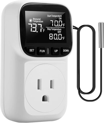 Digital Temperature Controller,Fahrenheit Display,15A/1800W Thermostat Outlet Plug, Plug in Thermostat,Heating Cooling Control Timer, -40℉~210℉, Cyclic Timing/Countdown, for Home/Greenhouse in Saudi Arabia