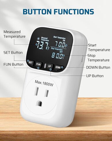 Digital Temperature Controller,Fahrenheit Display,15A/1800W Thermostat Outlet Plug, Plug in Thermostat,Heating Cooling Control Timer, -40℉~210℉, Cyclic Timing/Countdown, for Home/Greenhouse in Saudi Arabia