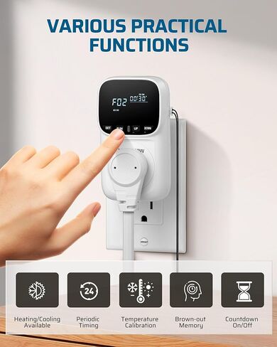 Digital Temperature Controller,Fahrenheit Display,15A/1800W Thermostat Outlet Plug, Plug in Thermostat,Heating Cooling Control Timer, -40℉~210℉, Cyclic Timing/Countdown, for Home/Greenhouse in Saudi Arabia