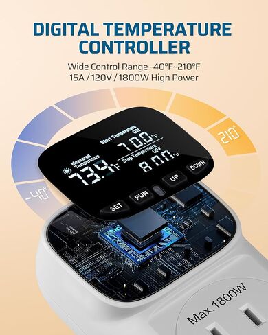Digital Temperature Controller,Fahrenheit Display,15A/1800W Thermostat Outlet Plug, Plug in Thermostat,Heating Cooling Control Timer, -40℉~210℉, Cyclic Timing/Countdown, for Home/Greenhouse in Saudi Arabia