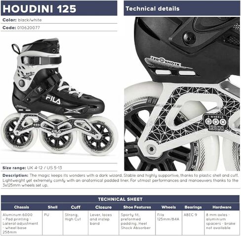 الزلاجات في Fila Houdini 125mm للبالغين - الزلاجات عالية السرعة للياقة البدنية مع محامل ABEC 9 - إطار الألمنيوم خفيف الوزن - وسادة كعب الصدمة - 3x125mm in Kuwait