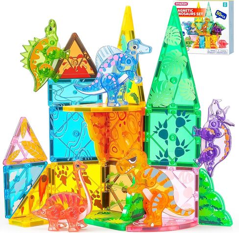 SYNCFUN Magnetic Building Tiles Dinosaur Set for Kids, 50PCS Including 5 Cute Dinosaurs, Educational STEM Toy for Boys & Girls Ages 3-5 4-8, Christmas Birthday Party Gift for Toddlers in Saudi Arabia