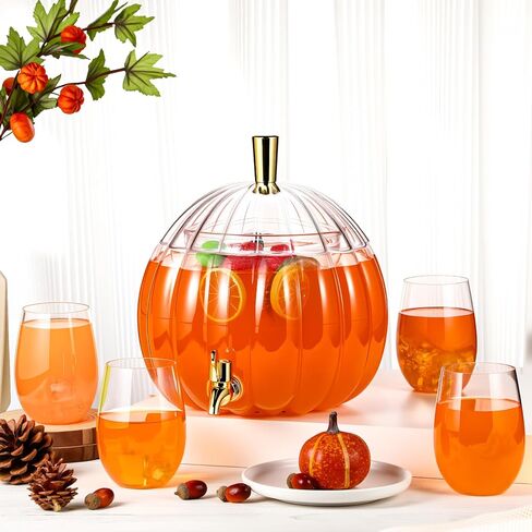 1.3 Gallon Thanksgiving Pumpkin Plastic Drink Dispenser with 4 Clear Plastic Cups Pumpkin Shaped Drink Dispenser Fall Harvest Kitchen Decoration with Spigot for Halloween Autumn Party Supplies in Saudi Arabia