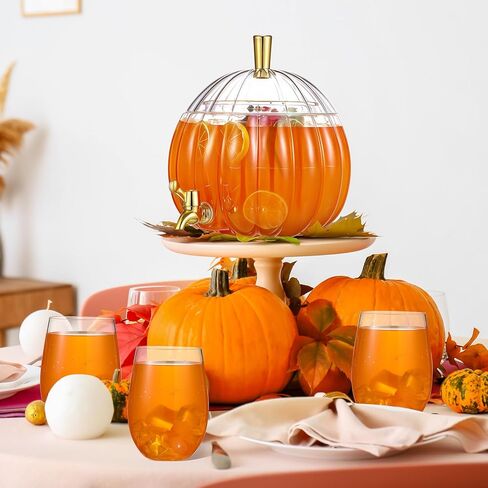 1.3 Gallon Thanksgiving Pumpkin Plastic Drink Dispenser with 4 Clear Plastic Cups Pumpkin Shaped Drink Dispenser Fall Harvest Kitchen Decoration with Spigot for Halloween Autumn Party Supplies in Saudi Arabia