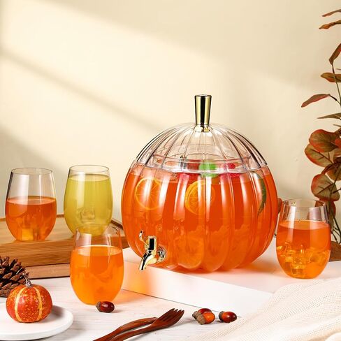 1.3 Gallon Thanksgiving Pumpkin Plastic Drink Dispenser with 4 Clear Plastic Cups Pumpkin Shaped Drink Dispenser Fall Harvest Kitchen Decoration with Spigot for Halloween Autumn Party Supplies in Saudi Arabia