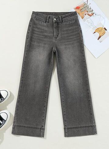 سراويل جينز عريض الساق للنساء العصرية عالي الخصر الجينز الممتد على مستقيم الساق الساق الكاحل الكاحل مع جيوب in Kuwait