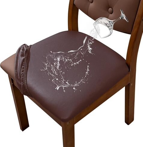 Waterproof PU Leather Seat Covers for Dining Room Chairs, Stretch Dining Chair Slipcovers, Kitchen Chair Seat Covers Set of 6, Non-Slip & Washable (Brown) in Saudi Arabia