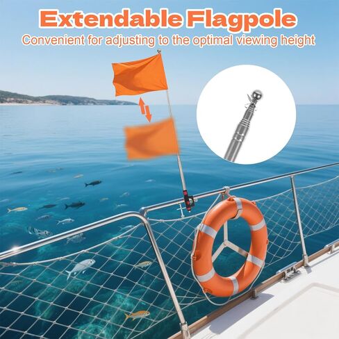 Orange Boat Flag, 12" x 18" Water Ski Boat Safety Flag with 79" Metal Retractable Boat Safety Flagpole and Fix Base for Kayak Floating Tubing Wakeboarding Swimming Surfing Watersports in Saudi Arabia