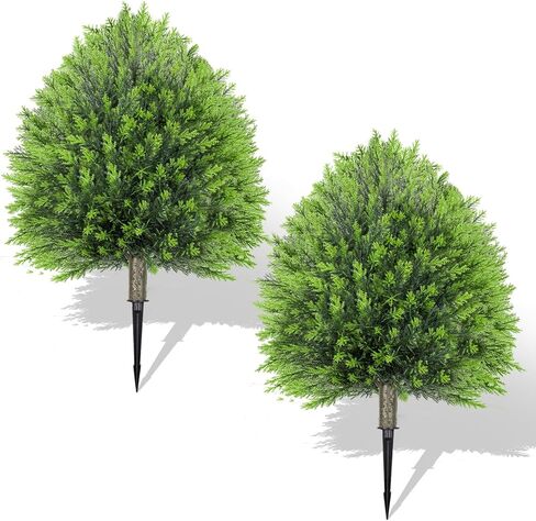 25.6" Artificial Boxwood Topiary Ball Trees: 2 Pack Fake Shrubs with Spike – UV Resistant & Fade Resistant Faux Bushes, Evergreen Artificial Plants for Indoor Outdoor Front Porch Garden in Saudi Arabia