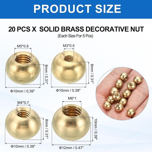 PATIKIL 20pcs M3/M4/M5/M6 Ball Thread Cap Nuts Knob, Brass Gold Light Fixture Screws Nut Lamp Decorative Screw Caps Cover for Lighting, 10mm/12mm in Saudi Arabia