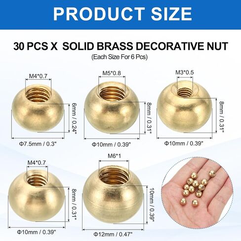 PATIKIL 20pcs M3/M4/M5/M6 Ball Thread Cap Nuts Knob, Brass Gold Light Fixture Screws Nut Lamp Decorative Screw Caps Cover for Lighting, 10mm/12mm in Kuwait
