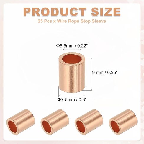 uxcell 3/16"(4mm) Wire Rope Stop Sleeve, Copper Crimping Loops Sleeve Round Crimp Ferrules for Wire Rope and Cable Ferrule, Gold 25Pcs in Saudi Arabia