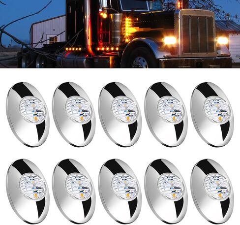 10Pcs 3"x2" Amber Lens Amber LED Side Marker Clearance Lights, Ultra-Bright 3 LED Oval Chrome Waterproof for Peterbilt Kenworth Freightliner Semi Truck Trailers, 12V in Saudi Arabia