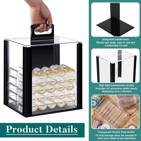 Hiboom 11 PCS Case Acrylic Poker Chip ، مجموعة Chip Dressions بما في ذلك حامل حالة عرض Acrylic Carrier (1000 سعة) in Kuwait