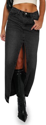 Fisoew Women's Long Denim Maxi Varts High Phened Hend Hend Western Gring Jean Skirt Skirt Aways Streetwear in Saudi Arabia