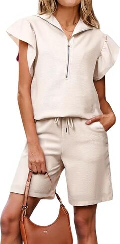 KevaMolly Womens Lounge Sets Textured Ruffled Sleeve Zipped Top and Wide Leg Pants Set Daily Two Piece Sets in Saudi Arabia