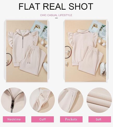 KevaMolly Womens Lounge Sets Textured Ruffled Sleeve Zipped Top and Wide Leg Pants Set Daily Two Piece Sets in Saudi Arabia
