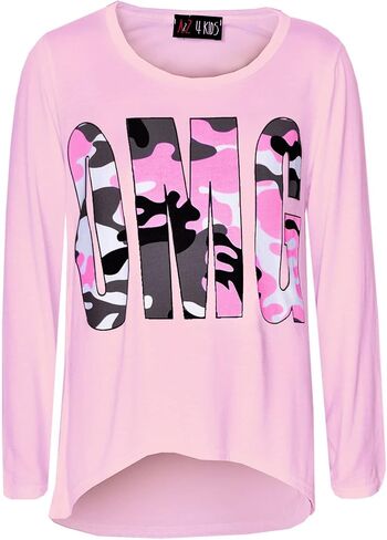 Girls OMG Print 3/4 Sleeves Trendy T Shirt - OMG Set Camo Gray 7-8 in Kuwait