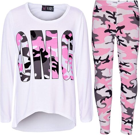 Girls OMG Print 3/4 Sleeves Trendy T Shirt - OMG Set Camo Gray 7-8 in Kuwait