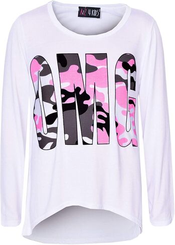 Girls OMG Print 3/4 Sleeves Trendy T Shirt - OMG Set Camo Gray 7-8 in Kuwait