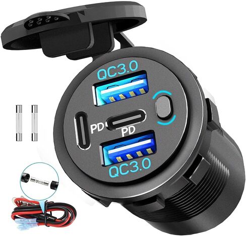 Quad-Port 12V USB Outlet with Switch & LED - 78W Dual QC3.0 & Dual PD3.0 USB C Car Charger Socket for RV Motorcycle Marine Truck Golf Cart Boat Accessories in Saudi Arabia
