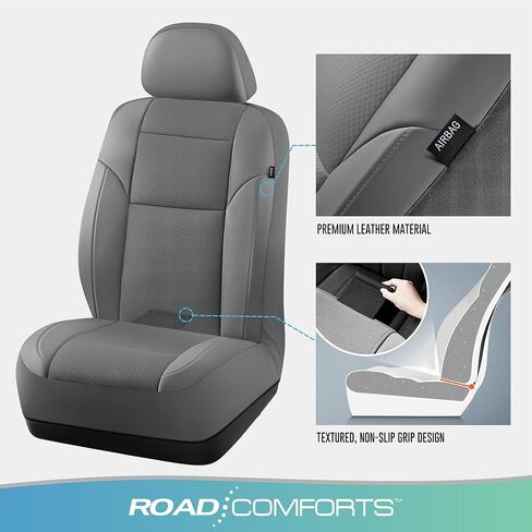Road Comforts Full Set Leather Mesh Car Seat Cover - Front and Rear, Breathable & Stylish, Airbag Compatible, Universal Fit for Cars, SUVs, Trucks, and Vans - Gray in Kuwait