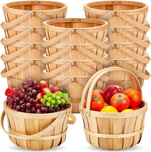 Marsui 16 Pcs Large Wooden Bushel Baskets 11 x 6.5'' Wicker Berry Apple Fruit Bushel Baskets with Handle for Autumn Harvest Garden Storage Farmers Personal or Commercial Use in Saudi Arabia