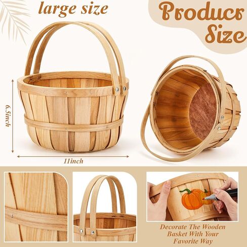 Marsui 16 Pcs Large Wooden Bushel Baskets 11 x 6.5'' Wicker Berry Apple Fruit Bushel Baskets with Handle for Autumn Harvest Garden Storage Farmers Personal or Commercial Use in Saudi Arabia