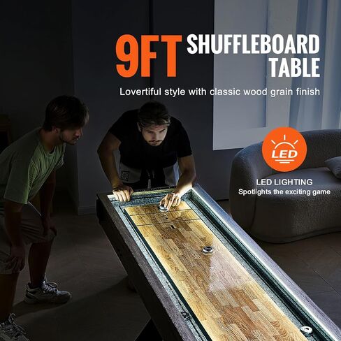 Happybuy 9 ft Shuffleboard Table - LED Light Up for Family Fun, 2-in-1 Combo of Shuffleboard and Bowling, Scratch-Resistant Field, Legs, 8 Pucks, Bowling Set, Wax, Brush in Saudi Arabia