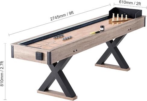 Happybuy 9 ft Shuffleboard Table - LED Light Up for Family Fun, 2-in-1 Combo of Shuffleboard and Bowling, Scratch-Resistant Field, Legs, 8 Pucks, Bowling Set, Wax, Brush in Saudi Arabia