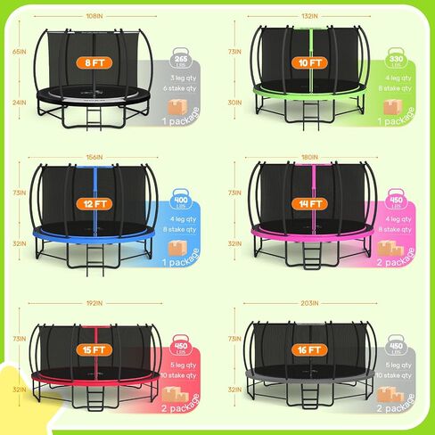 BCAN 8FT 10FT 12FT 14FT 15FT 16FT Recreational Trampoline with Enclosure for Kids Adults, ASTM Approved, Outdoor Trampolines with Ladder for Kids in Kuwait