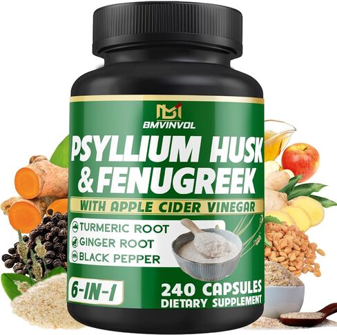 BMVINVOL 6in1 Psyllium Husk, Fenugreek, Apple Cider Vinegar, Turmeric, Ginger, Black Pepper - Soluble Fiber for Supports Digestive Health & Regularity - 120 Capsules [2-Month Supply] in Saudi Arabia