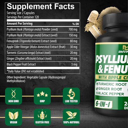 BMVINVOL 6in1 Psyllium Husk, Fenugreek, Apple Cider Vinegar, Turmeric, Ginger, Black Pepper - Soluble Fiber for Supports Digestive Health & Regularity - 120 Capsules [2-Month Supply] in Saudi Arabia