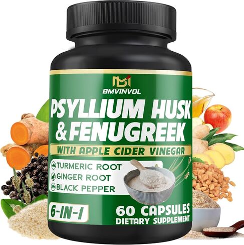 BMVINVOL 6in1 Psyllium Husk, Fenugreek, Apple Cider Vinegar, Turmeric, Ginger, Black Pepper - Soluble Fiber for Supports Digestive Health & Regularity - 120 Capsules [2-Month Supply] in Saudi Arabia