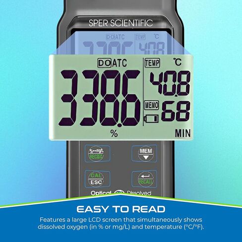 SPER Scientific Scientific Portable Oxygen Solled Meter 860067 مع شاشة LCD كبيرة ، ودرجة حرارة السيارات ، والملوحة اليدوي والضغط ، والصيانة المنخفضة القياس لتربية الأحياء المائية ، والخمير والمزيد in Kuwait
