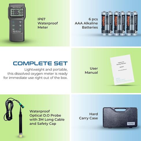 SPER Scientific Scientific Portable Oxygen Solled Meter 860067 مع شاشة LCD كبيرة ، ودرجة حرارة السيارات ، والملوحة اليدوي والضغط ، والصيانة المنخفضة القياس لتربية الأحياء المائية ، والخمير والمزيد in Kuwait