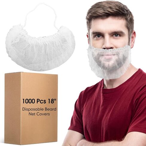 1000 PCS أغطية شبكة لحية يمكن التخلص منها مع أغطية مرنة 18 "أغلفة لحية واقية للرجال الحراس غير المنسوجين للتنفس لتنظيف طهي الخدمات الغذائية (أبيض) in Kuwait