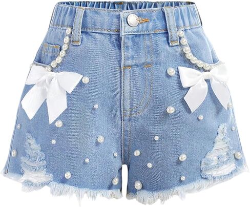 Verdusa Toddler Girl's Coquette Bowknot Ripped Jeans Distressed Denim Shorts with Pockets in Saudi Arabia