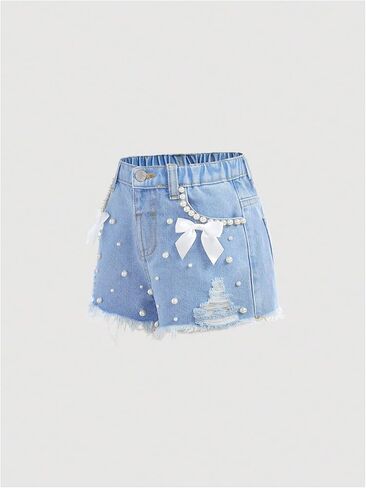 Verdusa Toddler Girl's Coquette Bowknot Ripped Jeans Distressed Denim Shorts with Pockets in Saudi Arabia