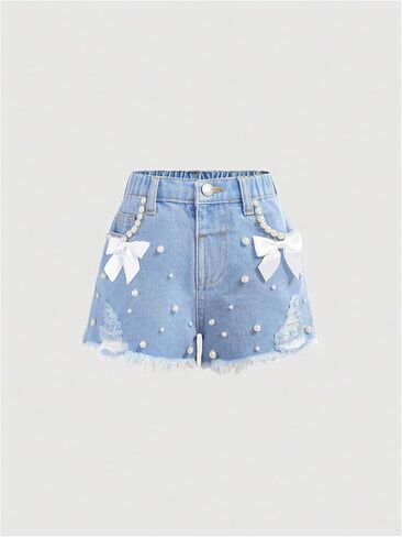 Verdusa Toddler Girl's Coquette Bowknot Ripped Jeans Distressed Denim Shorts with Pockets in Saudi Arabia